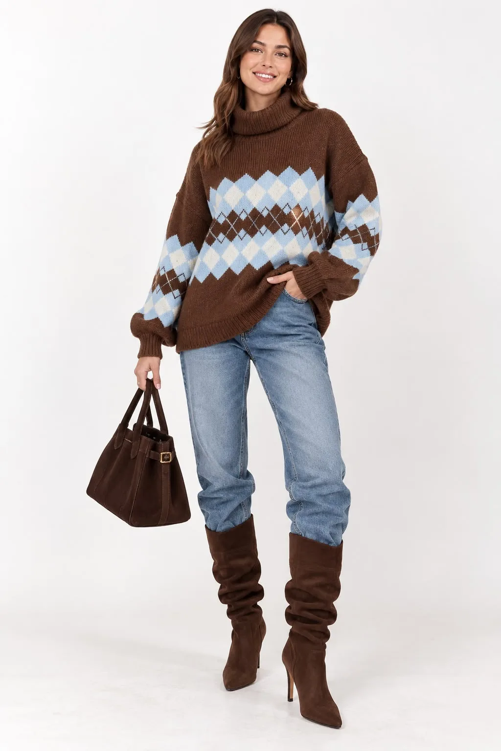 Argyle Turtleneck Knit Sweater