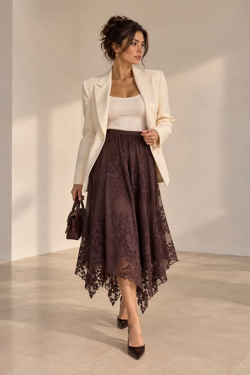 Asymmetrical Burnout Floral Mesh Midi Skirt
