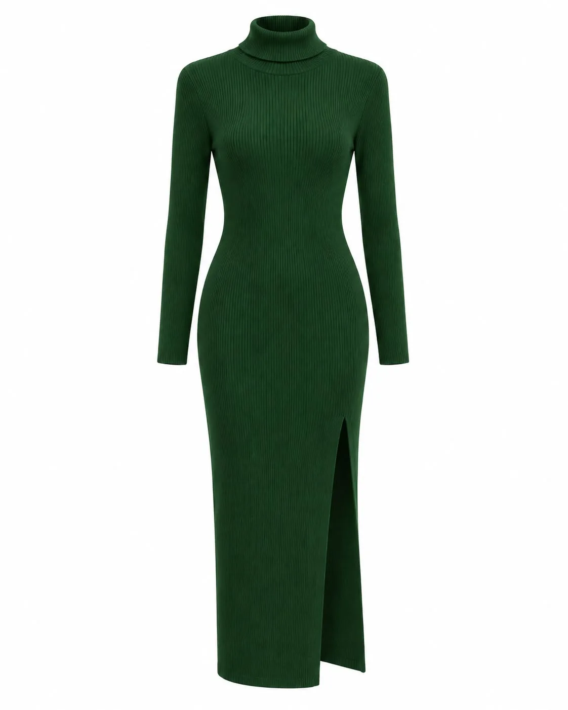 Ribbed Wool Turtleneck Maxi Dress with Side Slit