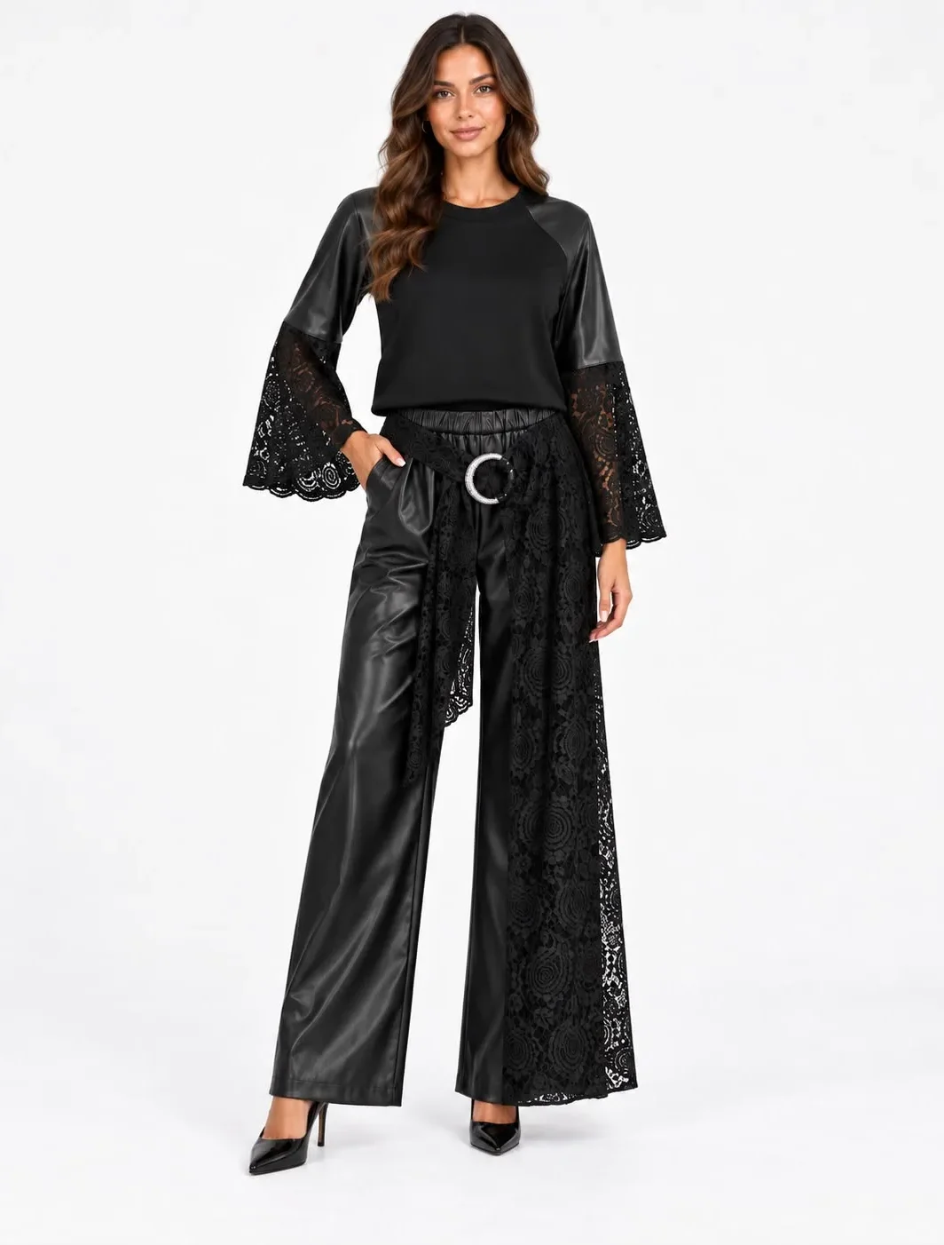 Faux Leather & Lace Two-Piece Set with Ring Detail