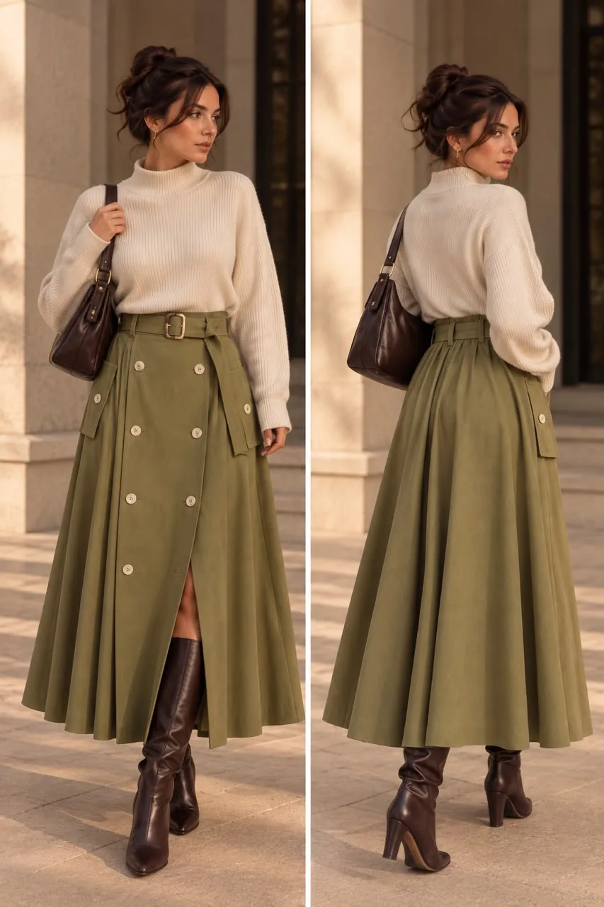 Belted Button Detail Midi Skirt