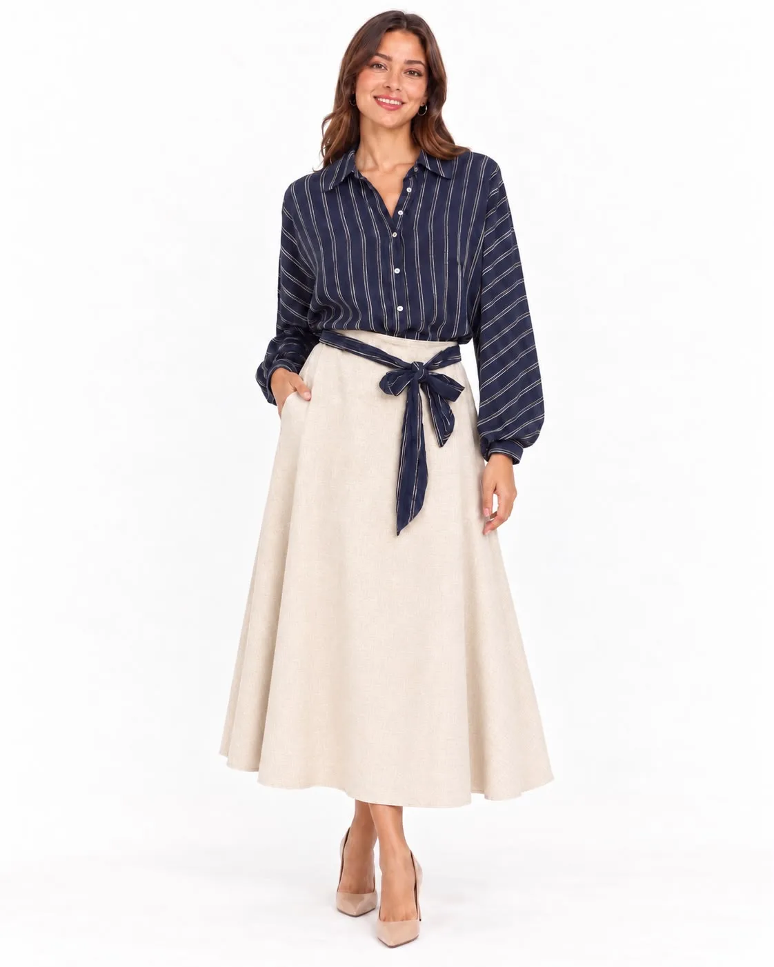Striped Shirt & Flared Skirt Set