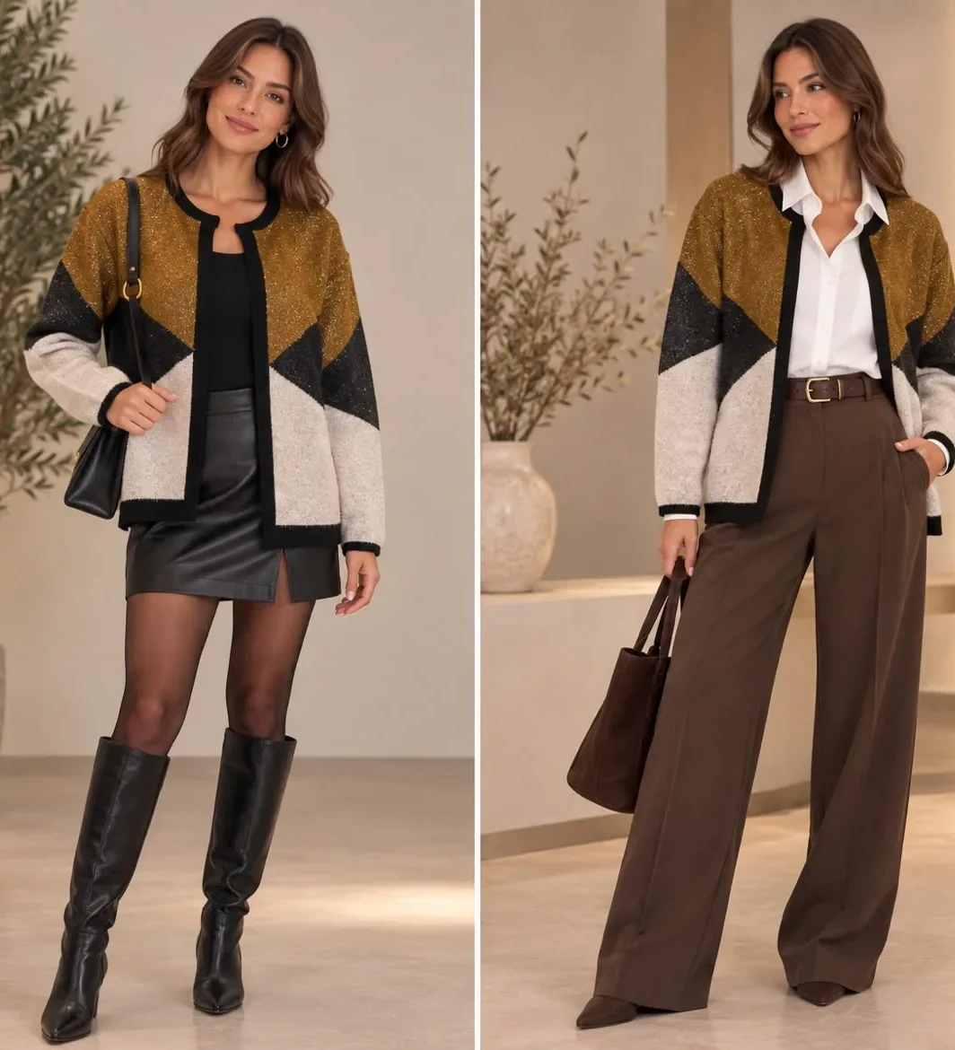 Glitter Color-Block Knit Cardigan