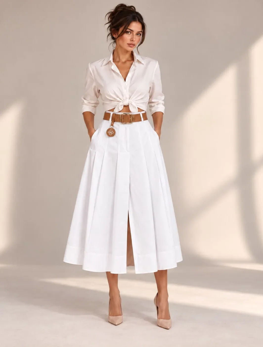 Belted Pleated Front Midi Skirt
