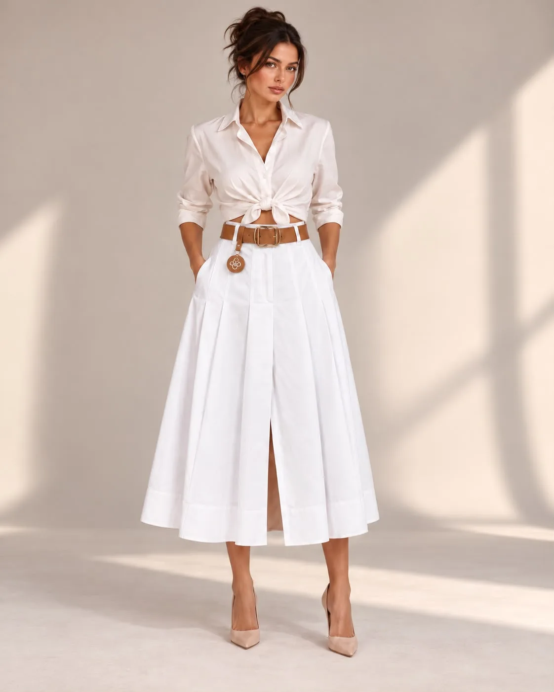 Belted Pleated Front Midi Skirt